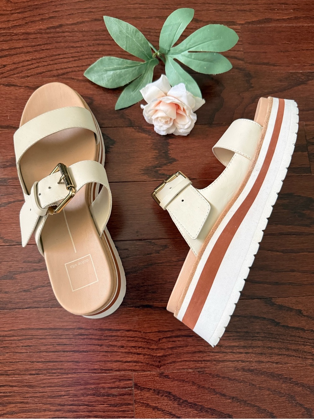 Dolce Vita Macen Leather Platform Slide Sandals Ivory Tan 10